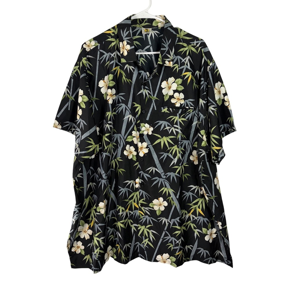 Barefoot Attitude Mens 2X Hawaiian Shirt Black Hibiscus Bamboo Tropical Floral